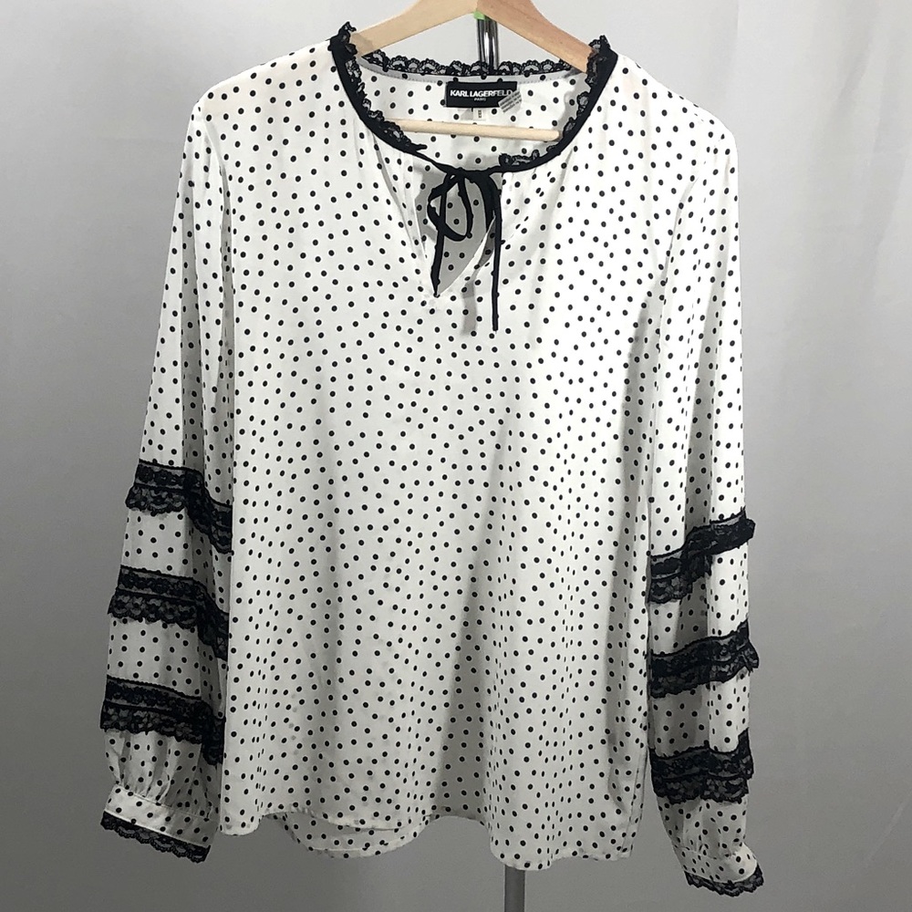 Karl Lagerfeld Long Sleeve Polka Dot White & Black Blouse with Lace Trim Size M